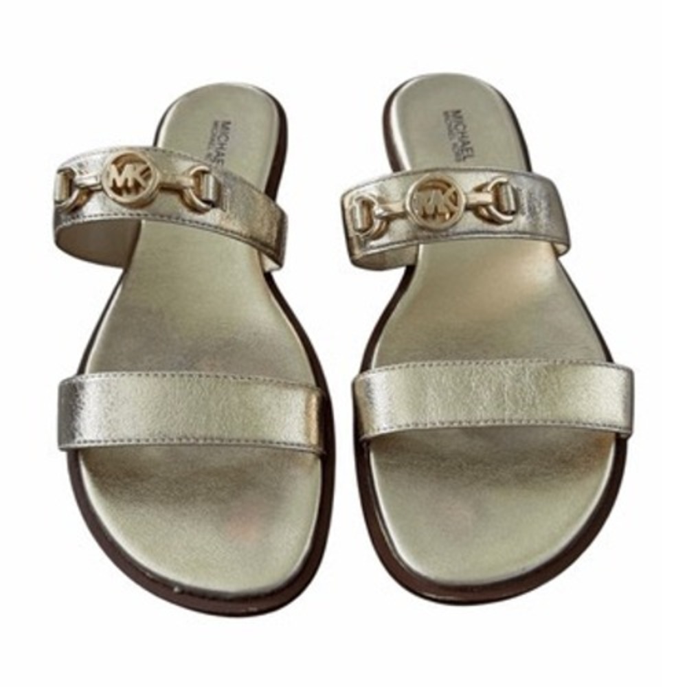 Michael Kors Gold Metallic MK Logo Double Strap Slide Sandals Size 8M